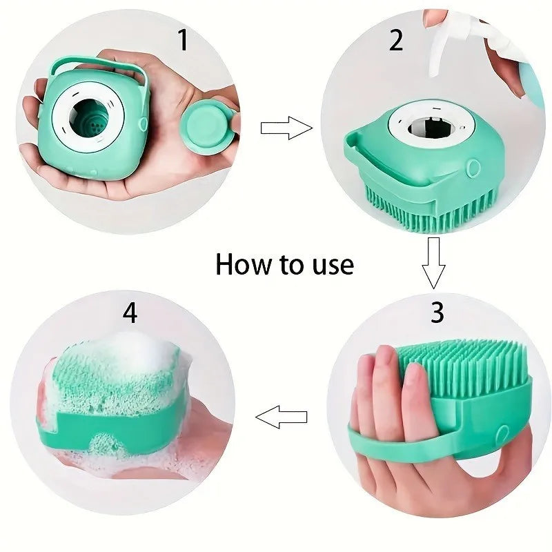 Dog Bathing Brush Pet Massage Brush Shampoo Dispenser Soft Silicone Brush Rubber Bristle for Dogs and Cats Shower Grooming Tool