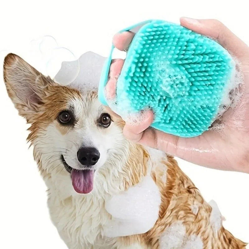 Dog Bathing Brush Pet Massage Brush Shampoo Dispenser Soft Silicone Brush Rubber Bristle for Dogs and Cats Shower Grooming Tool