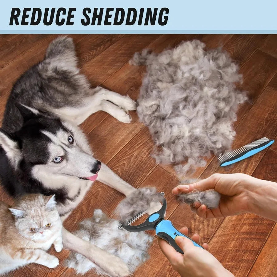 Pet Grooming Combo Blue Deshedding Brush with Metal Comb for Detangling and Dematting Long Matted Fur on Cats and Dogs Ideal fo