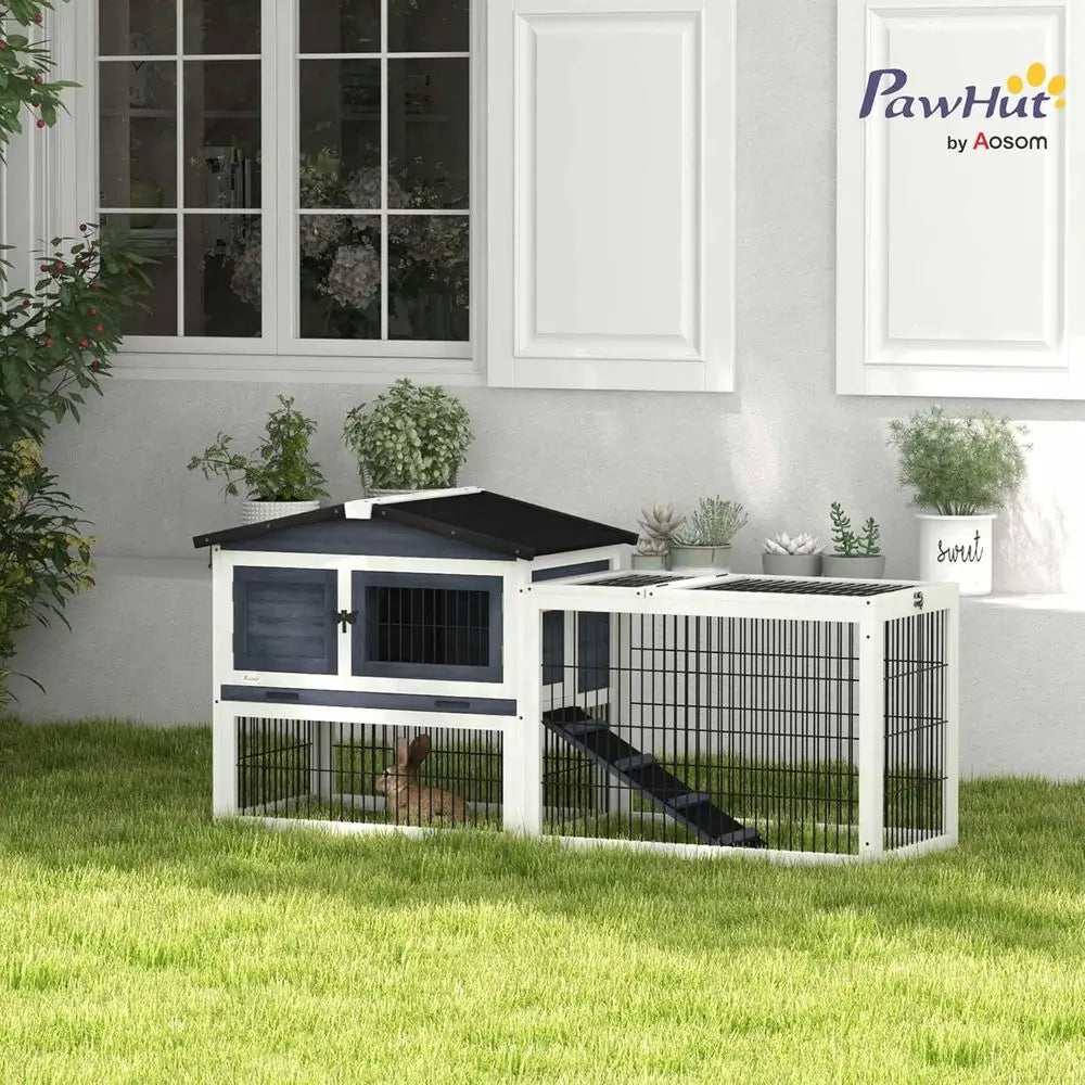 54 Large Rabbit Cage with Waterproof Openable Roof, No-Leak Tray, Ramp, Run, for Bunnies, Guinea Pigs, Dark Gray